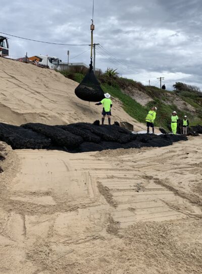rock bag filter units are installed to along beaches and coastlines for resilience against high seas