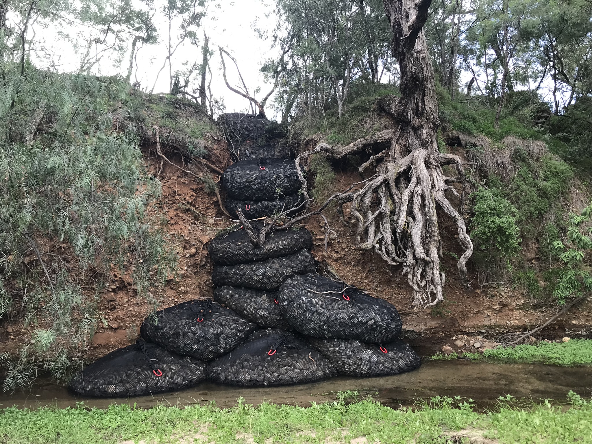 once installed rock bags protect further erosion on river banks, creeks and beaches