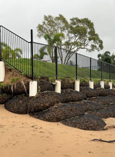 rock bag erosion control, coastal protection, wave surges damage beach, cyclone damage of coast line, protecting homes from large seas